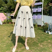 2022 kawaii skirt women bow white black korean chic elastic waist a line midi pleated skirts summer fashion skirt girl