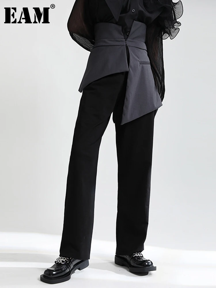 

[EAM] High Waist Black Gray Irregular Long Wide Leg Trousers New Loose Fit Pants Women Fashion Tide Spring Autumn 2023 1DE4304