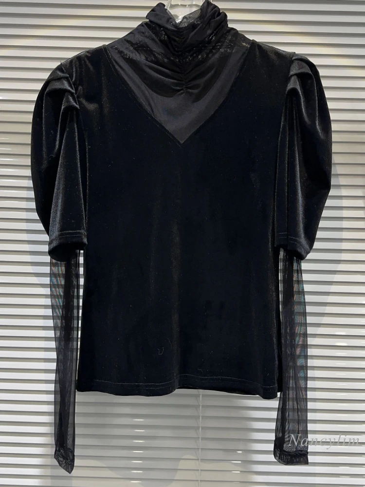

2023 Autumn New Mesh Stitching Sleeve Collar Velvet T-shirt for Women Undershirt Long Sleeves All-Matching Tops Black Tshirt