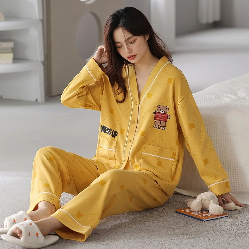 

Imitation Cotton Pajama Cardigan V-neck Pajamas for Women Long Sleeve Trousers Cartoon Loose Night Wears for Women 2-piece Set