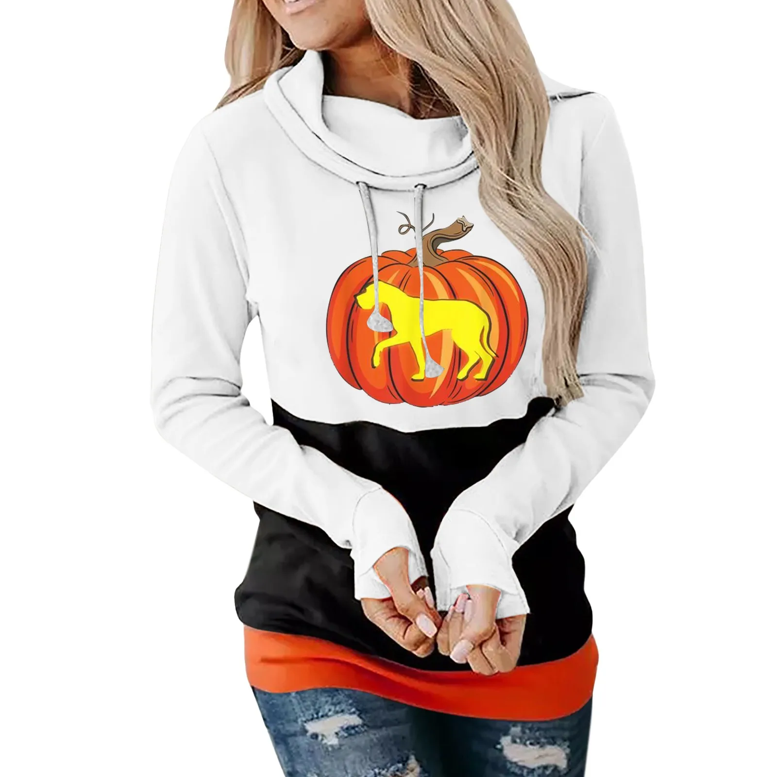 

Halloween Women's Long Sleeve Everyday Print Womens Tops Hoodies Ladies Ugly Christmas Sweatshirt Side Slit Sweatshirt