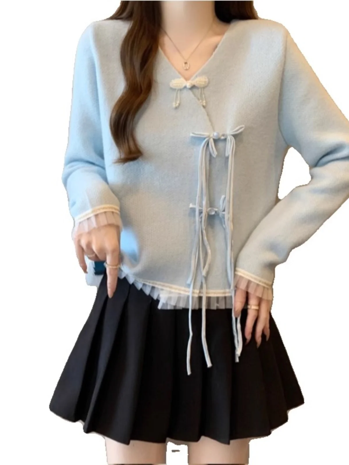 New Chinese Sle National V-neck Sweater Cardigan Outerwear Women Autumn and Winter Plus size Chubby Girl High-Grade S...