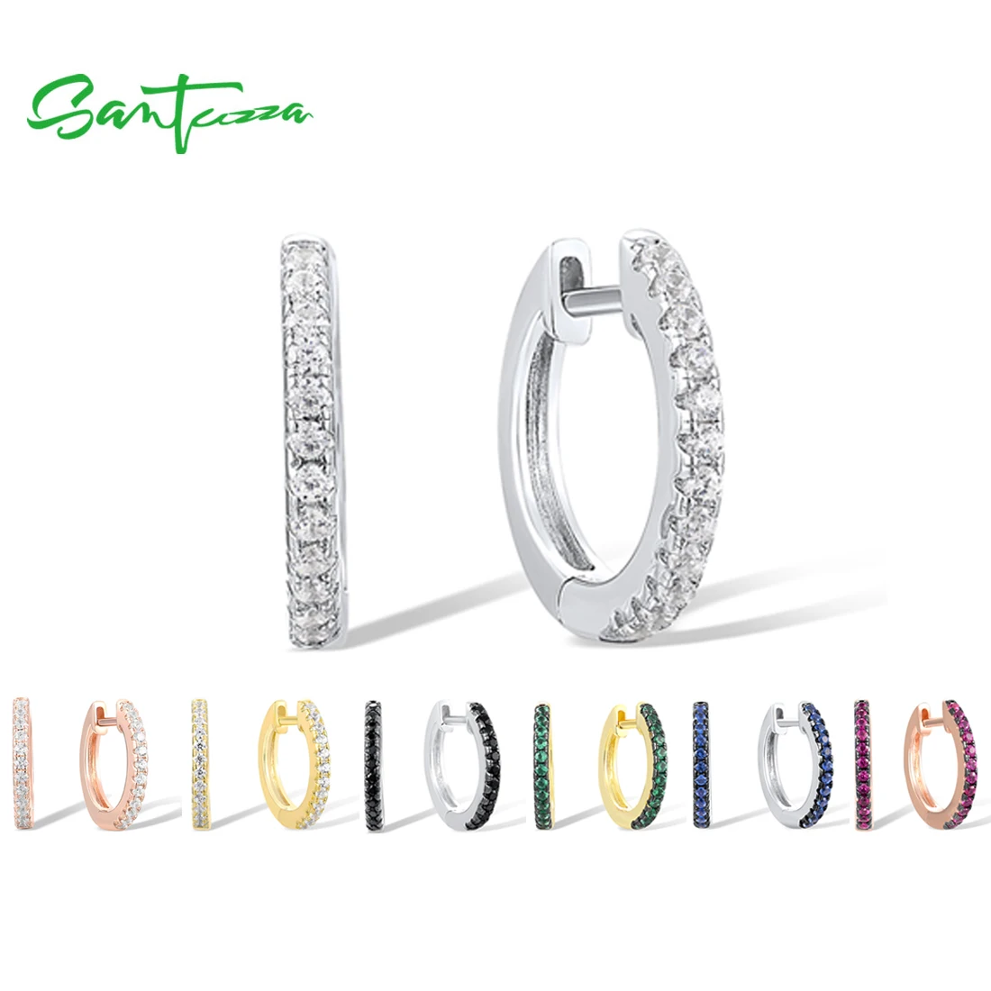 

SANTUZZA Genuine 925 Sterling Silver Hoop Earrings For Women Multi-Color Cubic Zirconia Spinel Simple Style Gifts Fine Jewelry