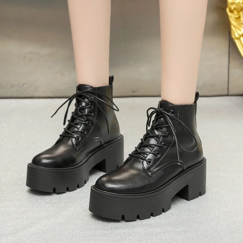 Chunky Platform Ankle Boots for Women 2022 Autumn Winter Thick Bottom Lace Up Shoes Woman Retro Black Pu Leather Short Boots