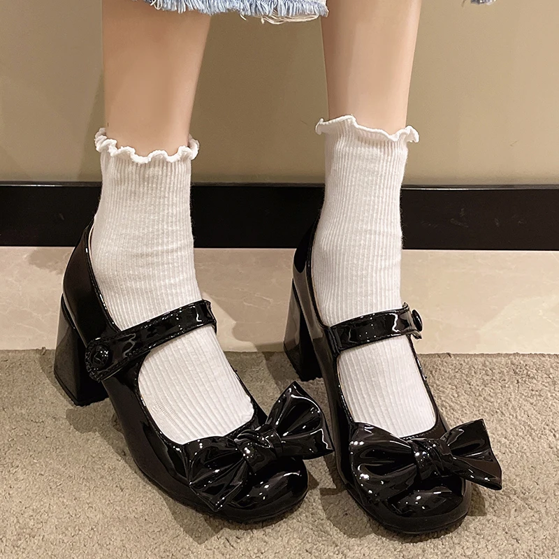 

Lucyever Patent Leather Bowknot Mary Jane Shoes Women 2022 Ankle Strap Thick Heels Pumps Woman Japanese Style High Heel Shoes
