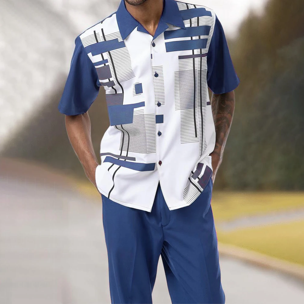 Hawaiian Beach Wind Shirt Suit Men's Vacation Fashion Print Hit Color Casual Short-sleeved Shirt Trousers Two-piece Summer