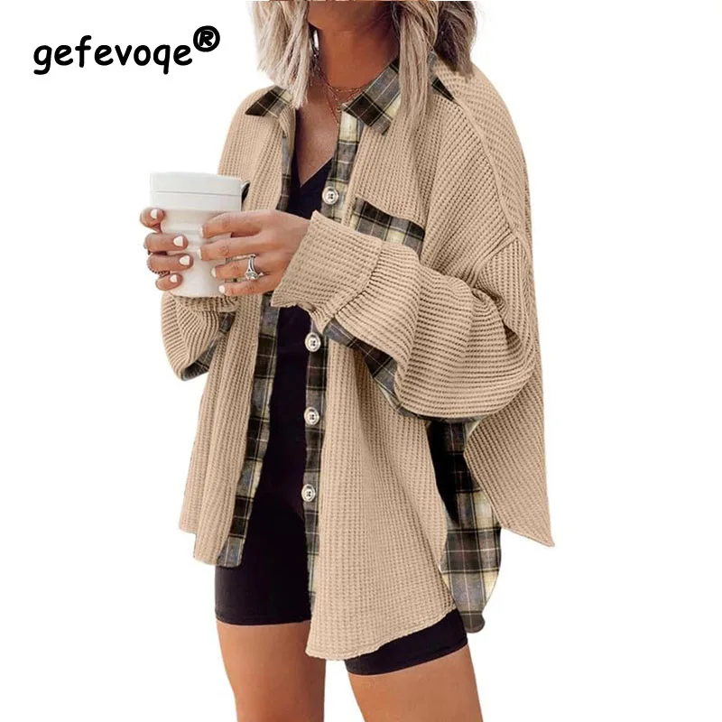 

2023 Autumn and Winter New Women's Coat Fashion Loose Casual Versatile Waffle Knitted Jacket Spliced Plaid Boyfriend Shirt