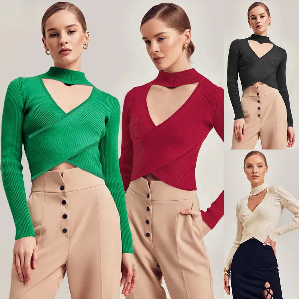 

2022 autumn and winter new Europe and the United States long-sleeved knitwear sexy ribbed cross bottoming shirt across the top