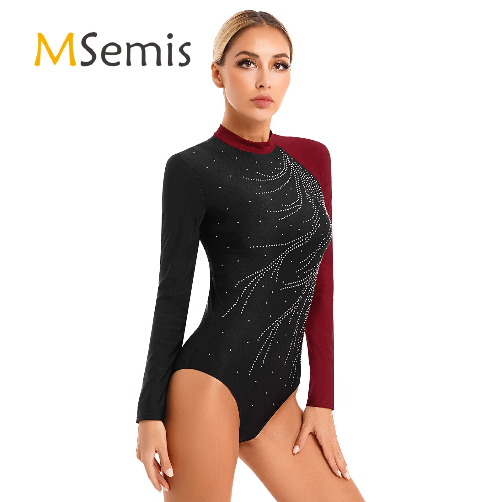 

Womens Long Sleeve Round Neck Bodysuit Gymnastics Figure Skating Dance Costume Dance Wear Glitter Rhinestone Ballete Leotards