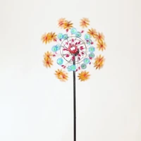 colorful yellow flowers lawn garden stake with led windmill metal rotating wind spinner light