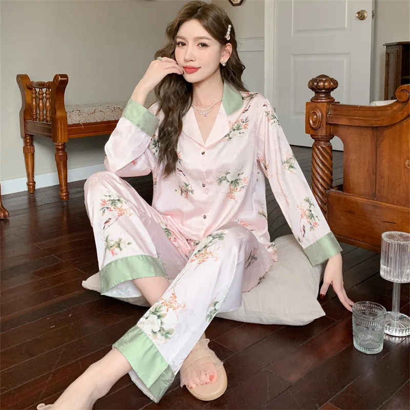 2023 Spring and Autumn New Pajamas Women's Artificial Silk Jacquard Long-Sleeved Trousers Cardigan Homewear Suit