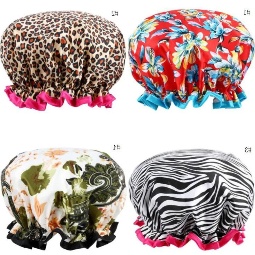 

Модная шапка для душа, водонепроницаемая шапка для ванны, двухслойные женские принадлежности, чехол для волос с принтом, аксессуары для ванной комнаты