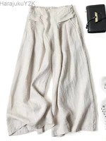 summer pants for women cotton linen large size wide leg pants femme arts style elastic waist solid casual loose pantalon