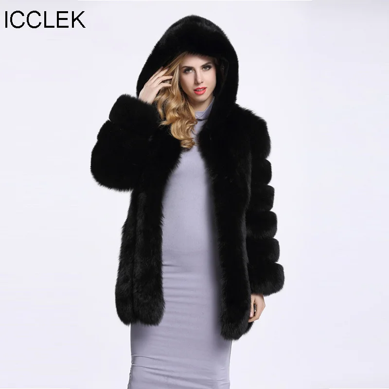 ICCLEK новинка пальто из искусственного лисьего меха средней длины с длинным