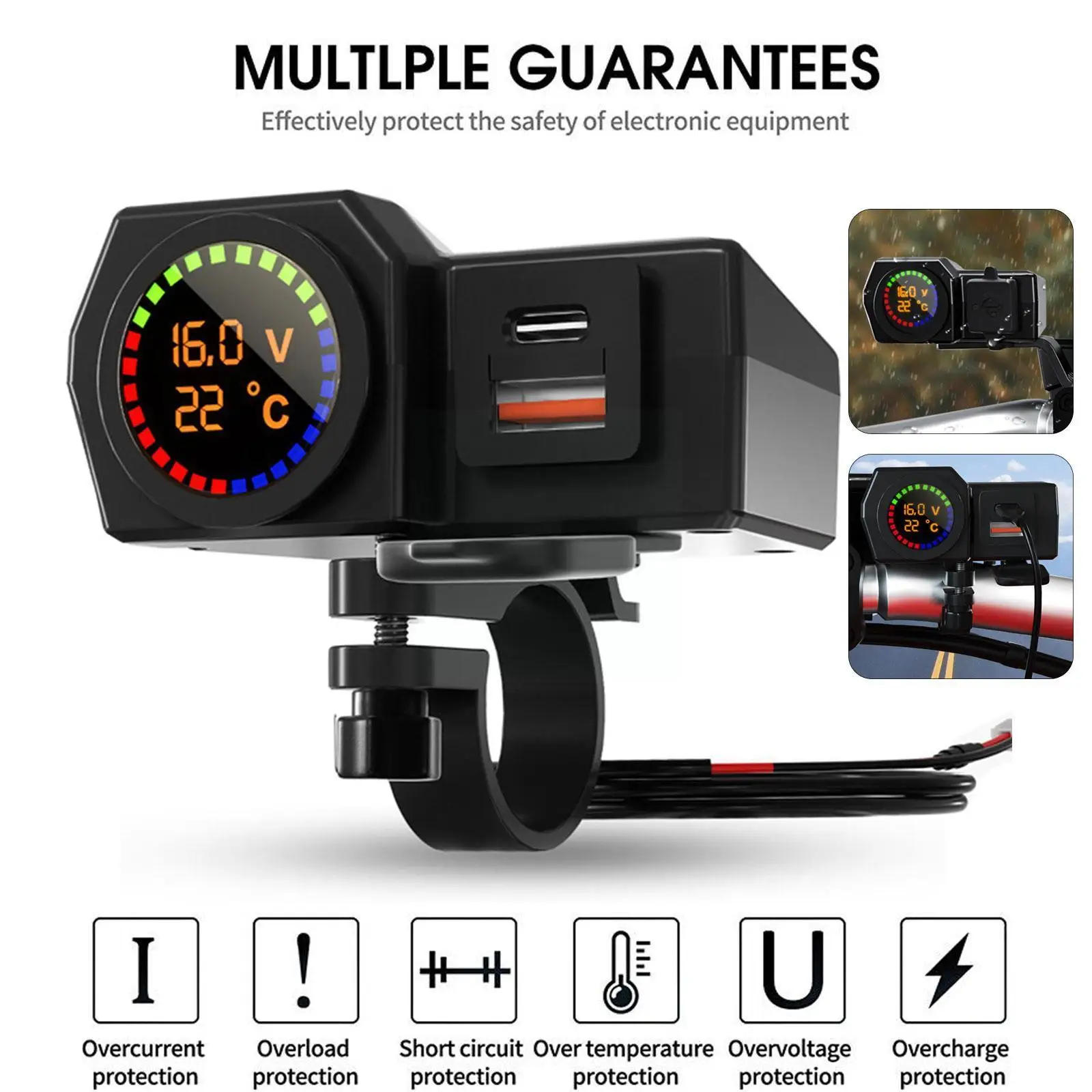 

Зарядное устройство для мотоцикла 3 в 1, цифровой аксессуар с двойным зарядным устройством для измерения напряжения и температуры, с USB-диспл...