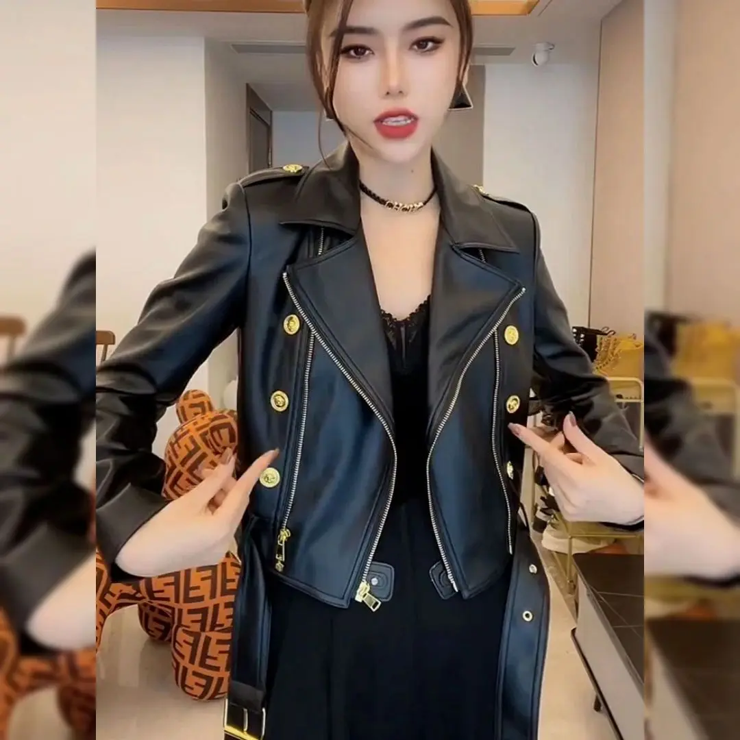 1pcs Women's PU Leather Jackets Coat 2022 Autumn Fashion Faux Fur Sequins Splicing Zipper Ladies Skinny Locomotive Small Coats