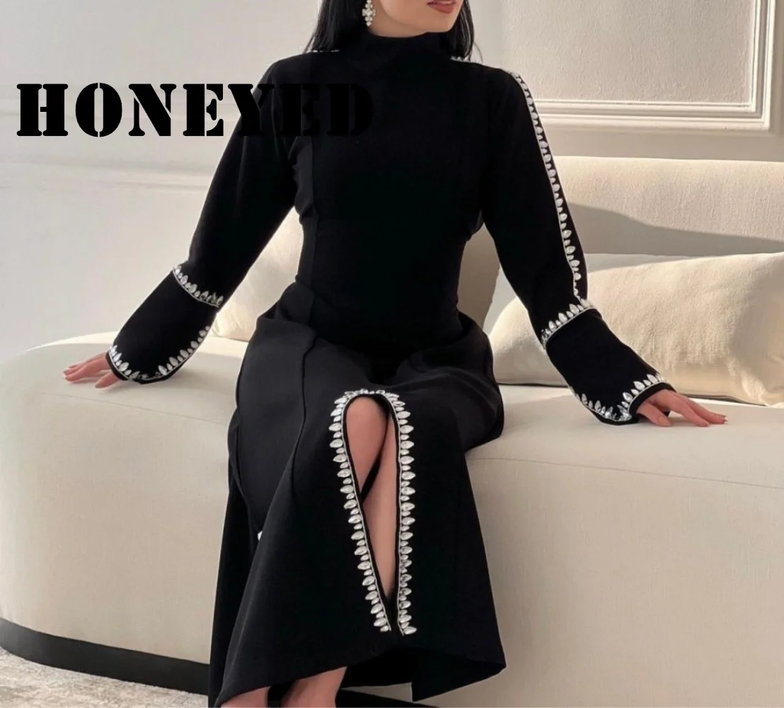 

Черное платье для выпускного вечера с разрезом спереди, женская одежда из Саудовской Аравии, женское платье с высоким воротником и длинным рукавом, вечернее официальное платье Gowns2023