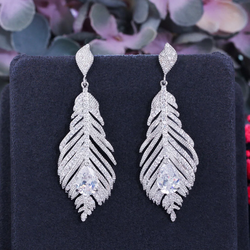 

ThreeGraces Trendy Shiny Cubic Zirconia White Gold Color Long Leaf Drop Bridal Wedding Prom Earrings for Women Jewelry E1081