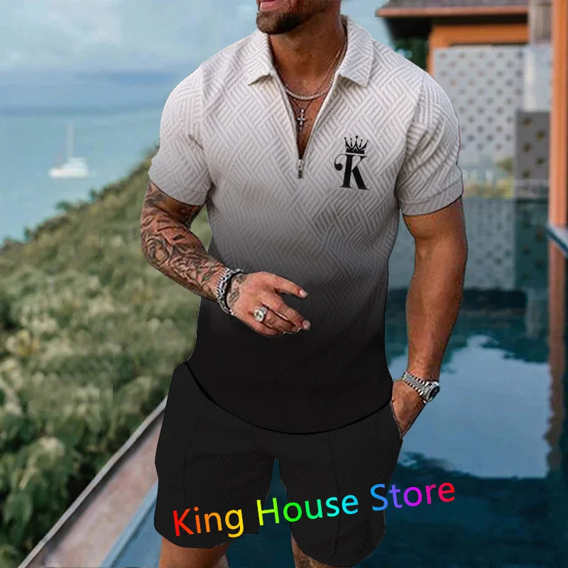 Men's Polo Shirt Tracksuit 2 Piece Set Summer 3D Print Zipper Polo Short Sleeve Shorts Outfit Fashion Sportswear Clothes Sets