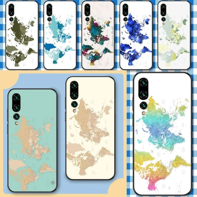 Детализированный чехол для телефона с картой мира для Huawei P50 P40 P30 Pro Lite P Smart 2021 2019 Magic 3, мягкий чёрный чехол.