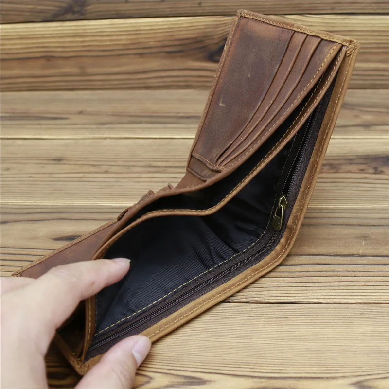 Men's and Women's Wallet Horizontal Double Fold Retro Wallet Large Capacity Crazy Horse Leather Head Layer Cowhide Wallet