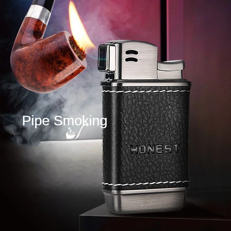 

Honest Oblique Fire Pipe Special Lighter Butane Gas Retro Vintage Men's Gift Inflatable Genuine Leather Smoke Accesoires