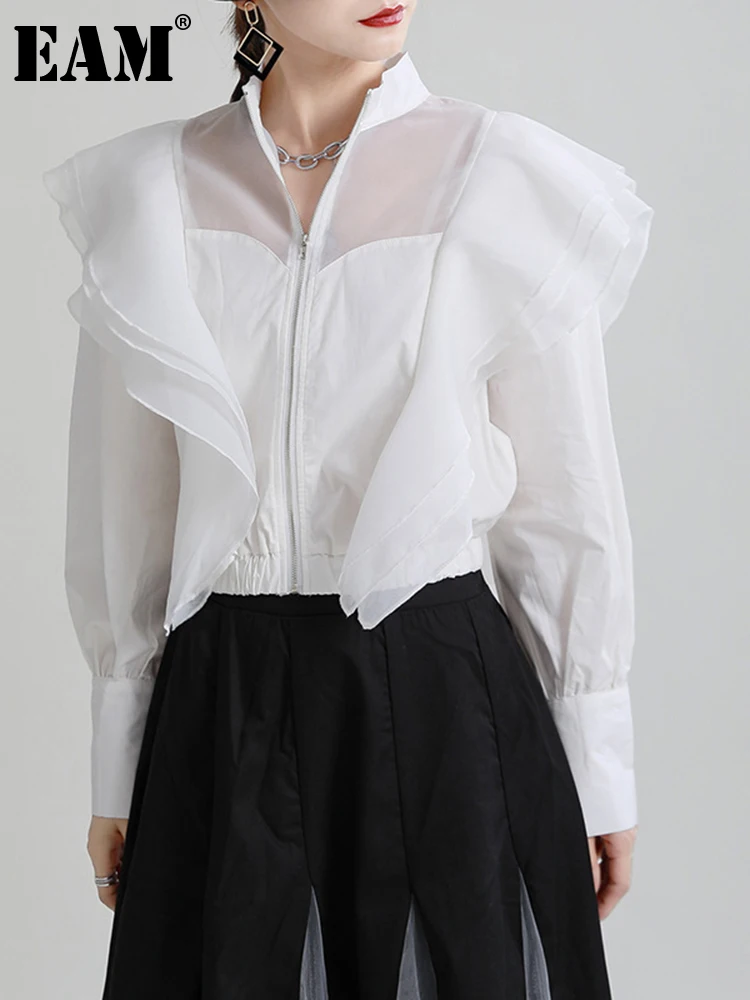 

[EAM] Свободная черная сетчатая короткая куртка с оборками, Новое Женское пальто с отворотом и длинным рукавом, модная весенне-осенняя 2023 1DE1852