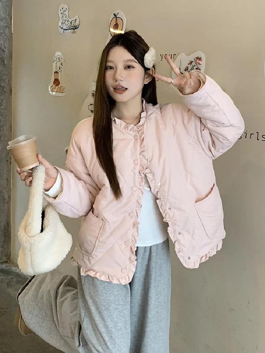 Маленькая хлопковая стеганая куртка с розовым ромбом 2024 зимняя милая новая