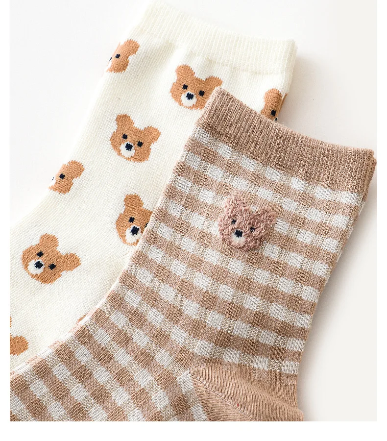 Yasuk All Season Winter Women's Fashion Sport Soft Print Plaid All-Match Lovely Girl Casual Comfortable Mid-high Socks 3Pcs Bear