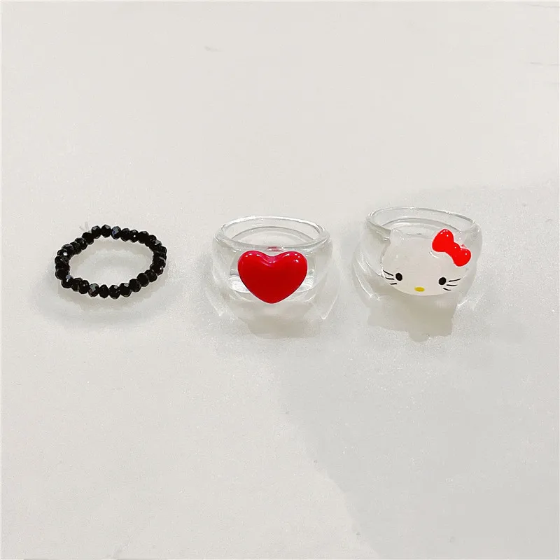 

Kawaii Sanrio Jewelry Anime Hello Kitty Ktcat Girly Heart Cute Cartoon Resin Ring Send Girlfriend Gifts for Girls