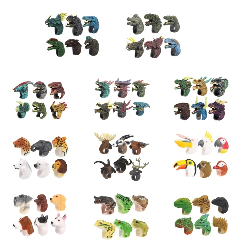 

E0BF 6 Pcs Simulated Dinosaur Wildlife Rings Toy Flexible Finger Toy Interactive Toy