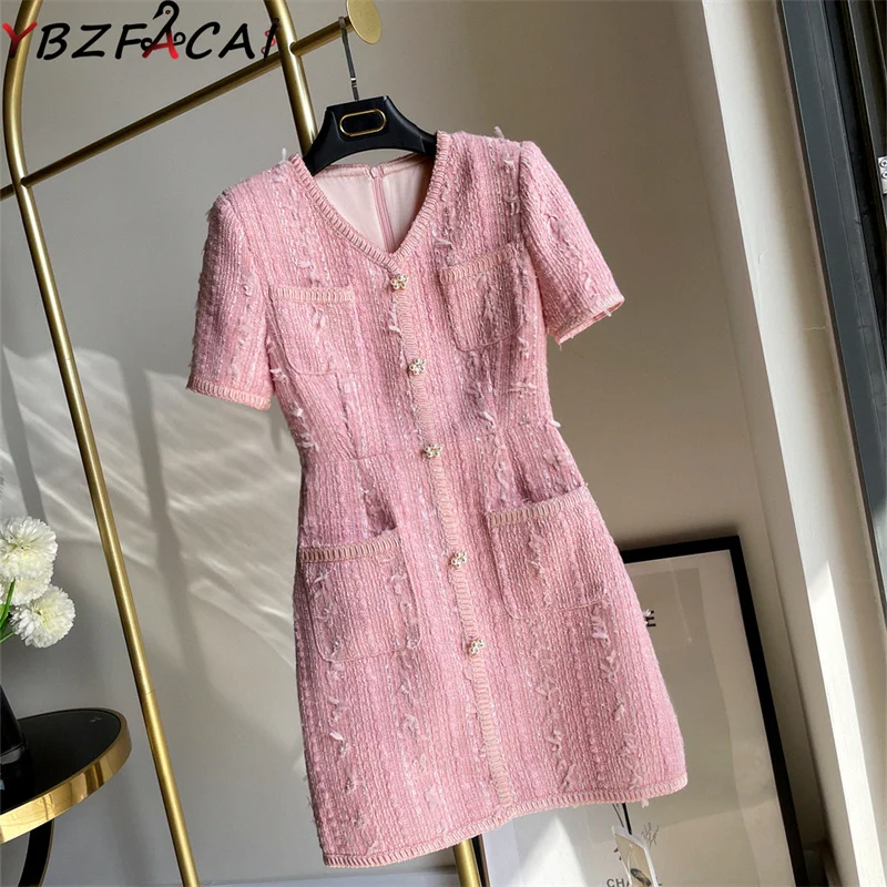 

Роскошное Элегантное маленькое очаровательное твидовое платье во французском Ретро Корейском стиле женское милое летнее розовое мини-пла...