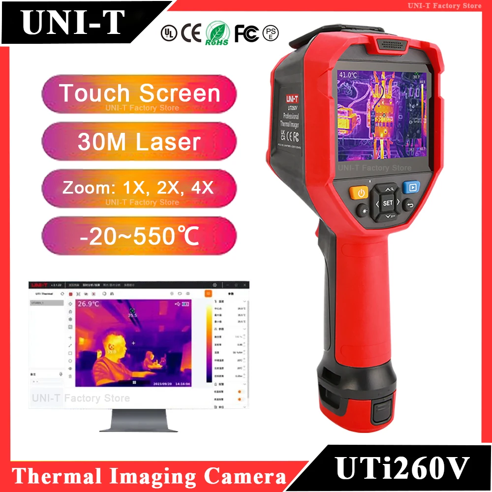 

UNI-T UTi260V Инфракрасная тепловая камера с сенсорным экраном, тепловизор с лазером, профессиональная диагностика температуры ° C/° F/K