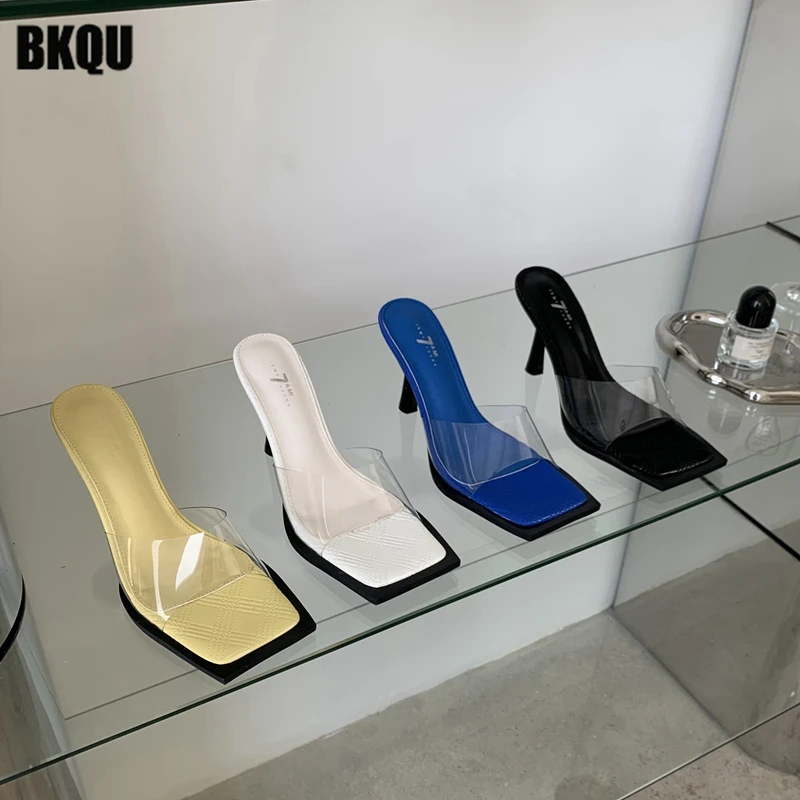 

Design 2022 Summer Ladies Slippers Modern Elegant Transparent Women Fashion Thin High Heels Pumps Female Dress Square Toe Shoes