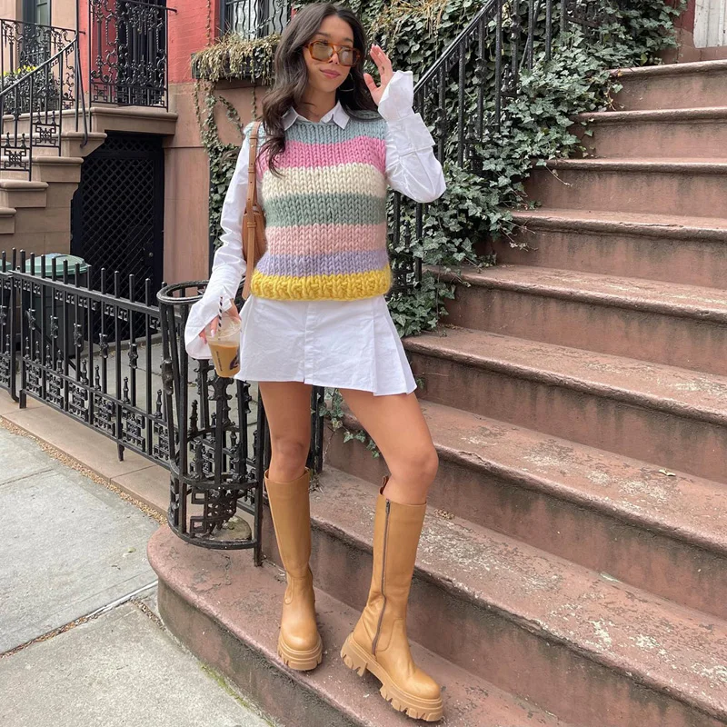 Вязаный свитер в радужную полоску Gaono винтажные женские пуловеры Y2K эстетичная