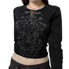 Укороченный Топ с длинным рукавом в стиле Харадзюку, винтажная Повседневная Коричневая футболка с графическим принтом, осень 2021, Y2K, Черная Женская рубашка в стиле гранж с феями