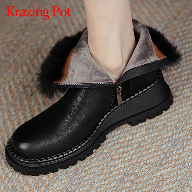 

Krazing Pot Full Genuine Leather Round Toe Thick High Heels Keep Warm Basic Snow Boots Retro Fashion Zipper Brand Ankle Boots
