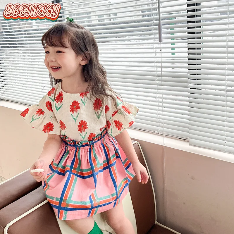 Клетчатая юбка комплекты для девочек BC свободные рубашки и блузки с вышивкой