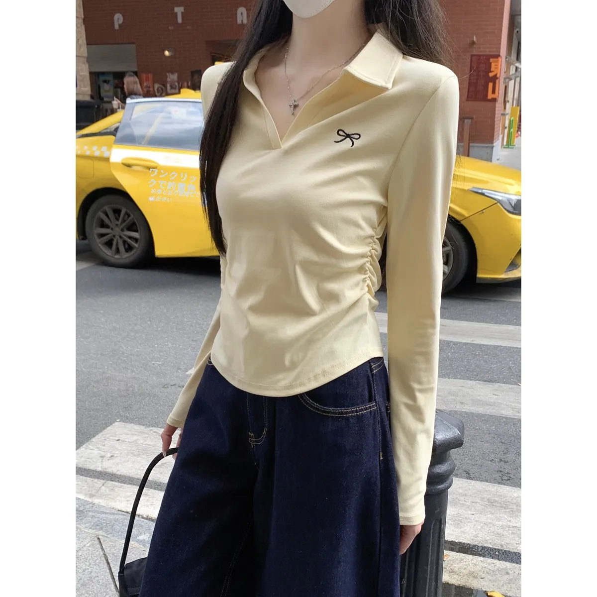 Корейская хлопковая рубашка с воротником-поло и вышивкой длинными рукавами