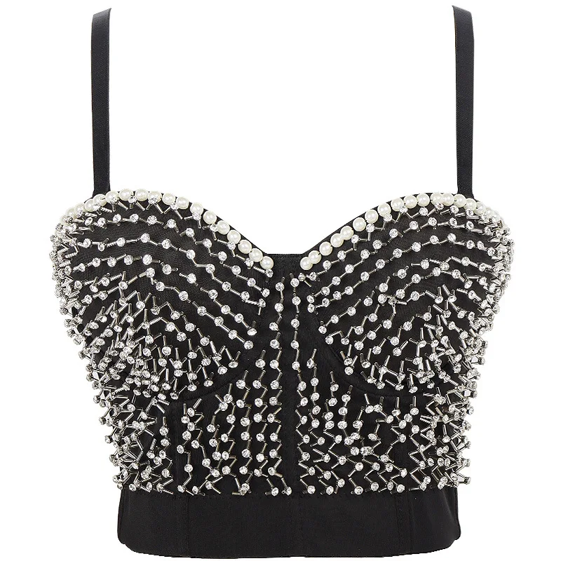 

Black Nail Bead Shining Bustiers Corsets Eu Fashion Dance Stage Performance Outwear Crop Top Sexy Body Shaper Push Up Bodice