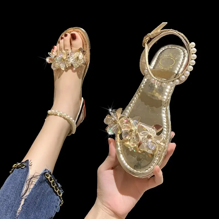 

2022 Summer Sandals Women's New Casual Summer Temperament Flat Bottom Rhinestones All-match Fashion Non-slip 35-41 Large Size