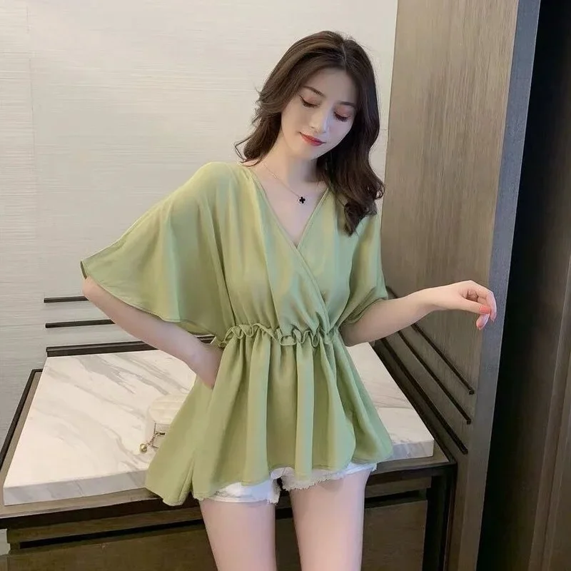 Зеленый свободный белый шифоновый топ для женщин черные женские рубашки и блузки