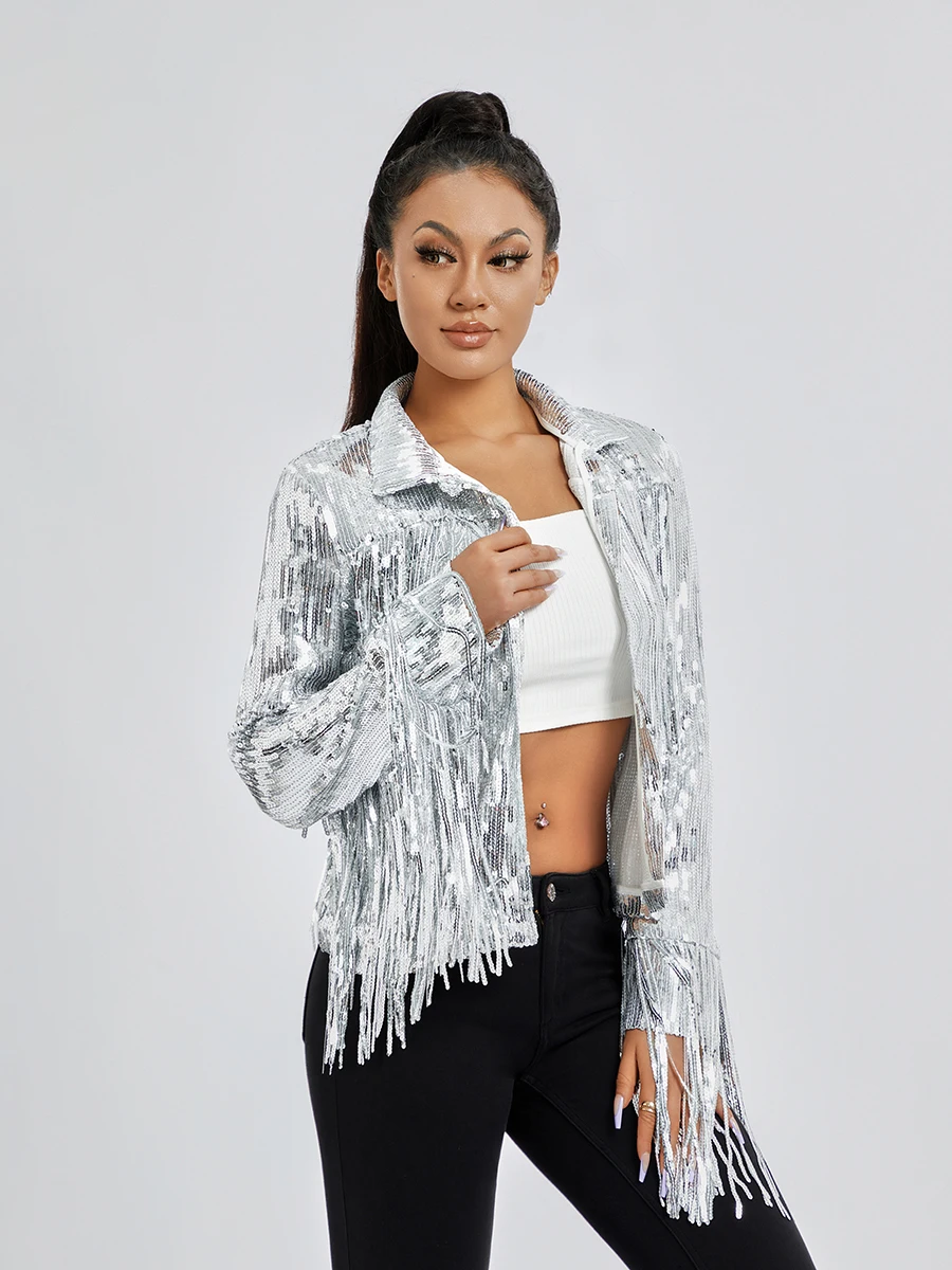 

RTGSE Chaqueta de lentejuelas brillantes para mujer con borlas brillantes Fringe Sem DiscoJacket Chaqueta con borde de