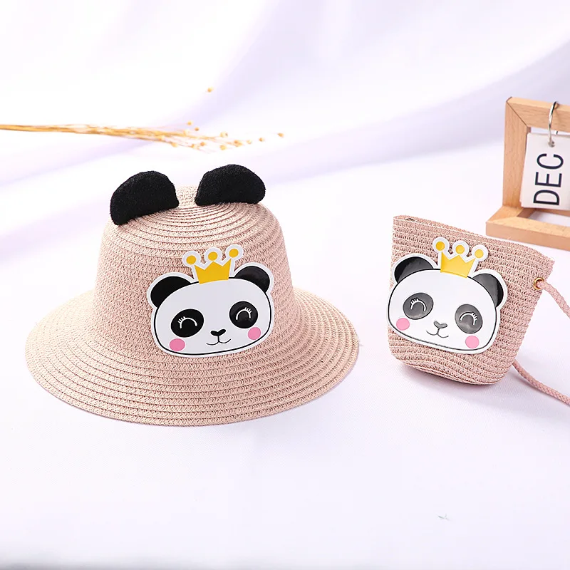 Cute Cartoon Panda Children Sun Hat Summer Straw Woven Baby Girls Accessories Shoulder Bags Boys Kids Beach Coin Purse Handbags