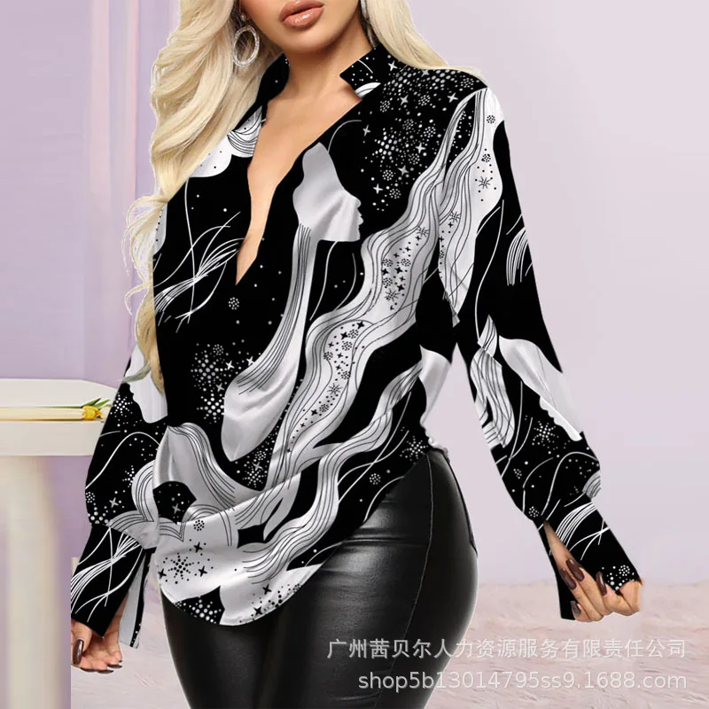 

Blouse Women Shirts Elegant Office Long Sleeve Print Sexy Deep V-Neck Top Solid Vintage Blouse Shirts Blusas Mujer Women Tops