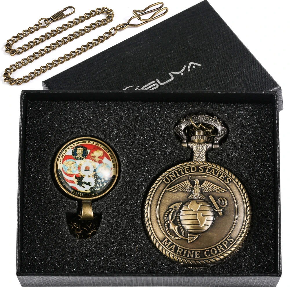Retro Quartz Pocket Watch U.S. Veterans Memorial Collection Gifts Set for Men Bronze Pedent Necklace Pocket Watch Fob Chain