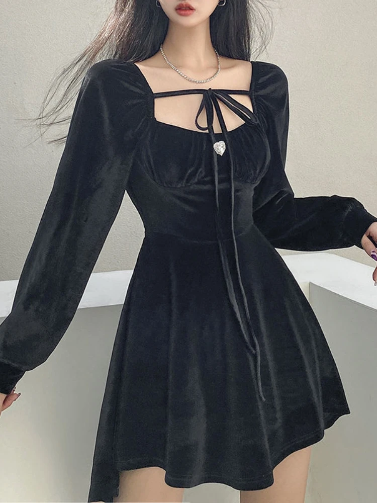Black Velvet Slim Dress Woman Vintage 2022 Spring Korean Fashion Y2k Mini Dress Elegant Long Sleeve Short Party Dress Female