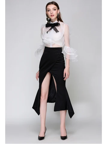 ZZSLUIA Elegant Blouses For Women Bow Patchwork Lace Ruffles Designer Shirts Fashion Stand Collar Flare Sleeve Female Cloth Tops