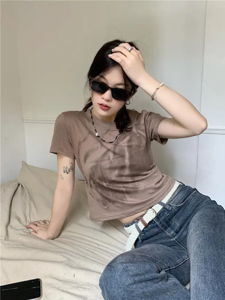 

Vintage T-shirt Women Summer Tie Dye Grunge Tops Short Sleeve Y2k Crop Tops Streetwear Korean Style Tee Tops Hip Hop