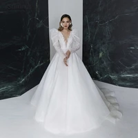sumnus elegant white deep v neckline long sleeve wedding dress backless appliques formal gowns floor length bridal dresses
